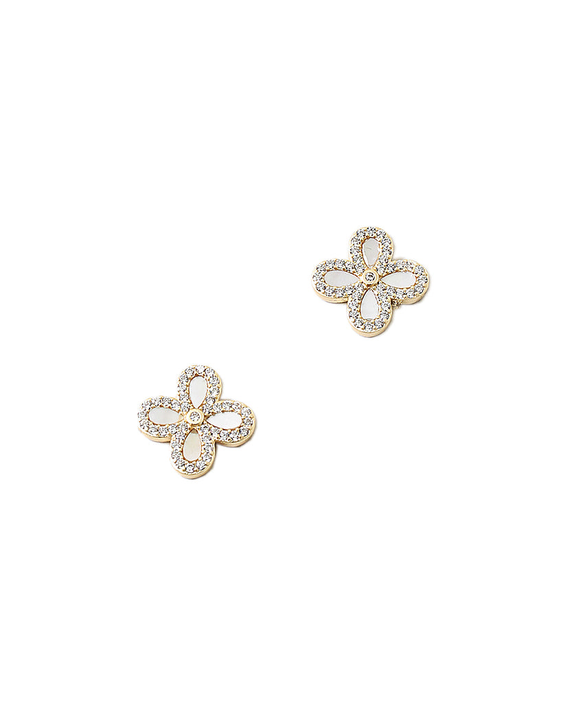 BITZ NEW MOTHER PEARL N CZ CLOVER STUD EARRING