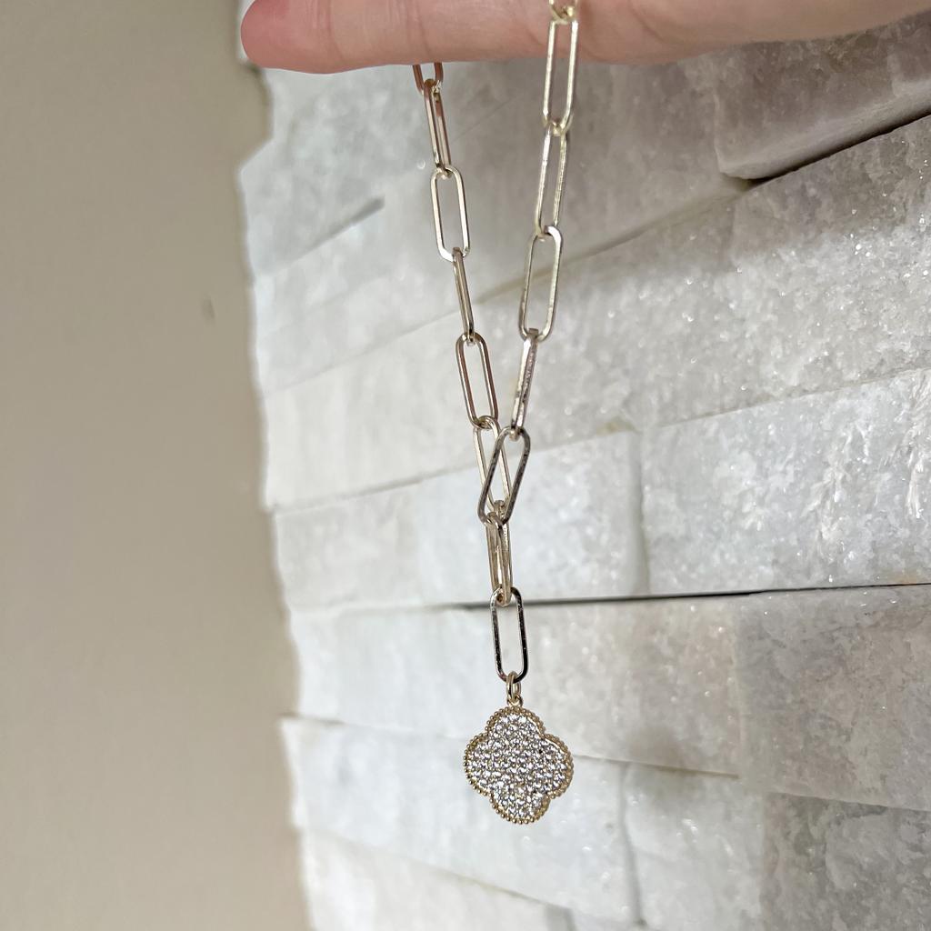 BITZ PAPERCLIP N CZ CLOVER NECKLACE PENDANT