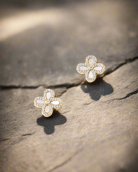 BITZ NEW MOTHER PEARL N CZ CLOVER STUD EARRING