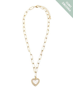 BITZ MOTHER OF PEARL N CZ HEART PAPERCLIP NECKLACE