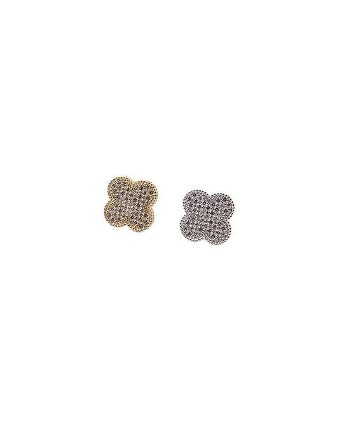 BITZ PAVE CZ CLOVER STUD EARRING GOLD OR SILVER