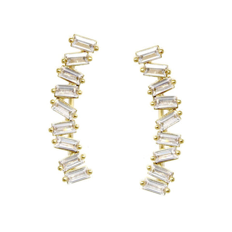 CZ PAVE CURVED BAGUETTE GOLD DIPPED EARRINGS - GOLD EAR CRAWLERS